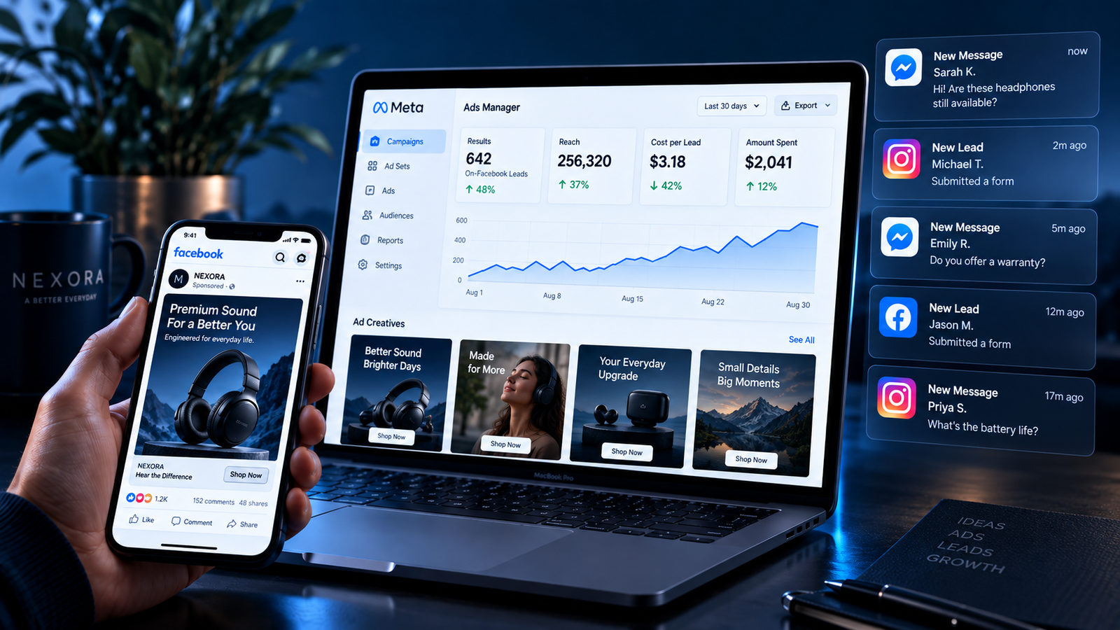 Meta Ads campaign generating leads and customer messages