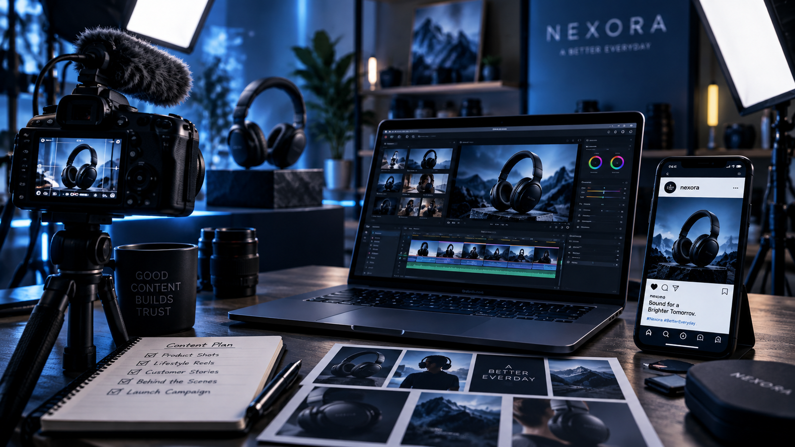 Content production studio creating photo and video assets
