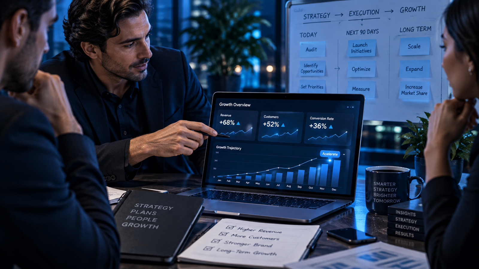 Growth strategy meeting focused on revenue, customers, and conversion